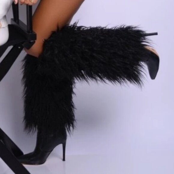 Women's Fluffy faux fur Luxury Stiletto High Heel Boots Black - Picture 1 of 7